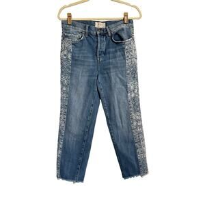We The Free People Crop Jeans Womens 25 Aztec Side Stripe Raw Hem Boho #6740
